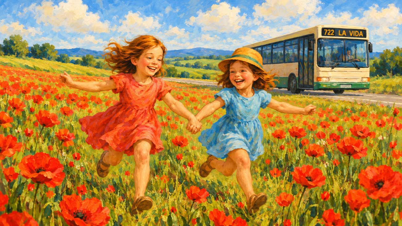 Ilustración de dos niñas corriendo felices entre amapolas, con el autobús 722 al fondo, símbolo de esperanza y superación de la enfermedad infantil.